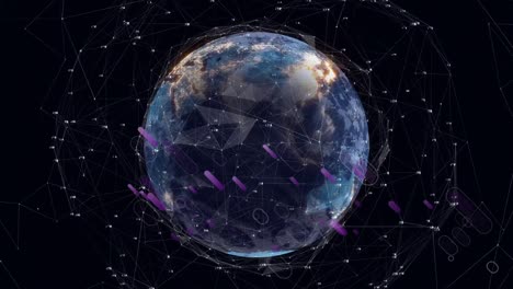 Animation-of-purple-light-trails-and-network-of-connections-over-spinning-globe-on-black-background