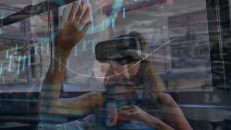 Animation-of-graphs-and-financial-data-over-biracial-woman-in-vr-headset