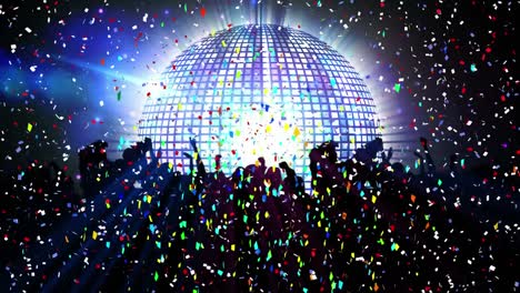 Animation-of-confetti-and-disco-ball-rotating-on-background-with-people-silhouettes
