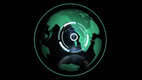 Animation-of-neon-round-scanner-over-spinning-globe-against-black-background