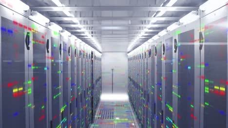 Animation-of-abstract-circular-shape-over-colorful-mosaic-squares-against-computer-server-room