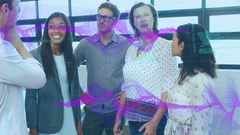 Animation-of-purple-waves-and-happy-diverse-female-and-male-coworkers