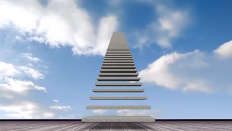 Animation-of-floating-staircase-over-clouds-moving-in-blue-sky