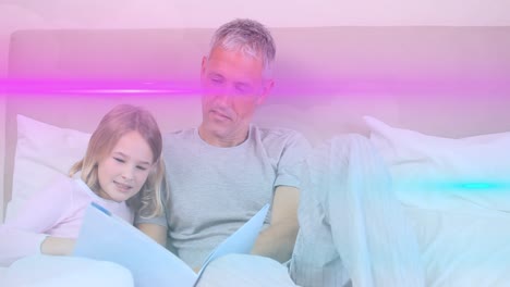 Animation-of-light-trails-over-caucasian-man-and-his-daughter-reading-book-together