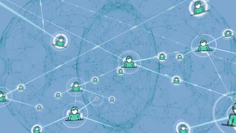 Animation-of-network-of-connections-with-icons-over-shapes-on-white-background