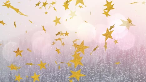 Animation-of-bokeh,-stars-and-snow-falling-over-winter-forest