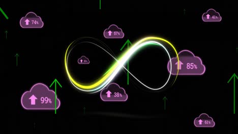 Animation-of-neon-shape-over-clouds-and-arrows
