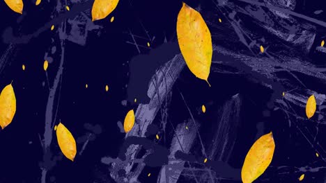Animation-Gelber-Herbstblätter,-Die-über-Wechselnde-Organische-Weiße-Pinselstriche-Auf-Dunkelblau-Fallen