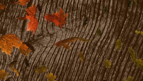 Animation-of-brown-autumn-leaves-blowing-across-changing-wood-grain-patterns