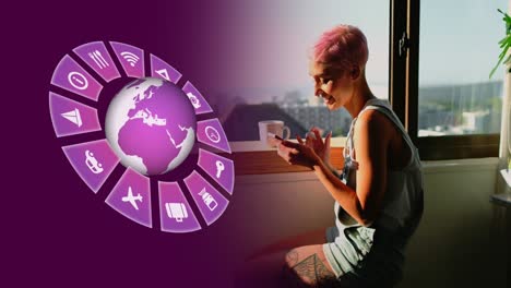 Animation-of-travel-icons-with-globe-and-caucasian-woman-using-smartphone