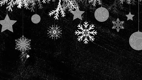 Animation-of-white-snowflakes-and-christmas-tree-decorations-on-distressed-black-background