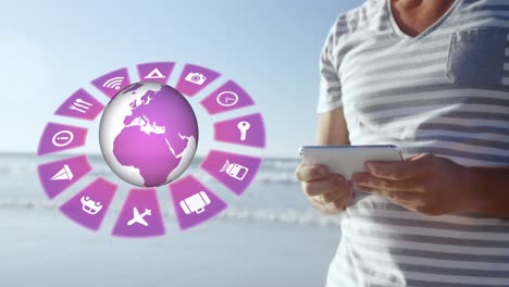 Animation-of-travel-icons-with-globe-and-caucasian-woman-using-tablet
