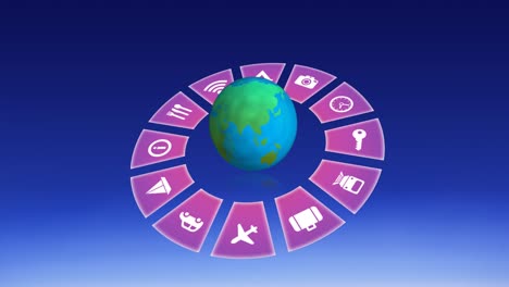 Animation-Von-Reisesymbolen-Mit-Globus-Auf-Himmelshintergrund