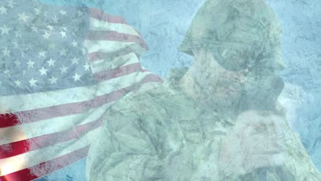 Animation-of-frozen-screen-over-caucasian-male-soldier-with-weapon-over-flag-of-usa