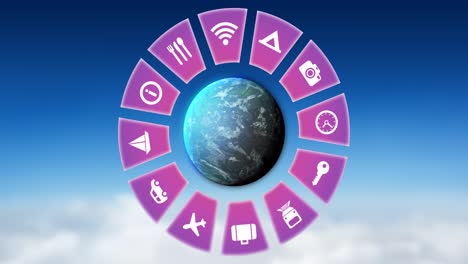 Animation-of-travel-icons-with-globe-on-sky-background