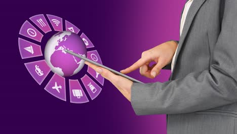 Animation-of-travel-icons-with-globe-and-caucasian-woman-using-tablet-on-purple-background