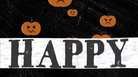 Animation-of-happy-halloween-text-and-pumpkins-over-shapes