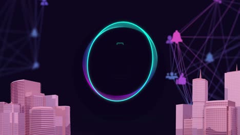 Animation-Von-Symbolen-Und-Der-Stadt-über-Ein-Netzwerk-Von-Verbindungen