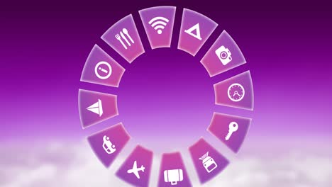 Animation-of-travel-icons-spinning-on-pink-background