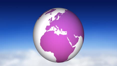Animation-of-white-and-purple-globe-spinning-over-sky-background