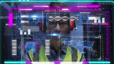 Animation-of-data-processing-over-asian-male-worker-in-server-room
