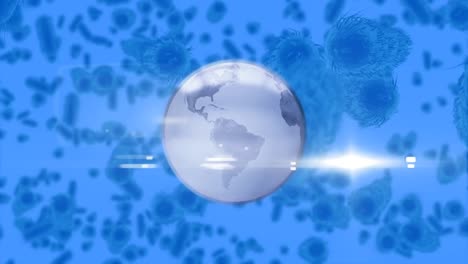 Animation-Von-Covid-19-Zellen-über-Dem-Globus-Auf-Blauem-Hintergrund