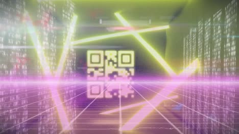Animation-of-data-processing-and-qr-code-over-neon-lights