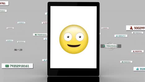 Animation-Von-Medien--Und-Emoji-Symbolen-über-Dem-Tablet