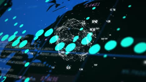 Animation-Eines-Blauen-Diagramms,-Eines-Globalen-Netzwerks-Und-Der-Verarbeitung-Von-Daten-über-Einer-Blauen-Karte-Auf-Schwarzem-Hintergrund