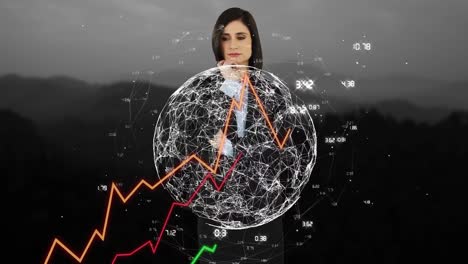 Animation-of-globe-and-caucasian-businesswoman-over-data-processing