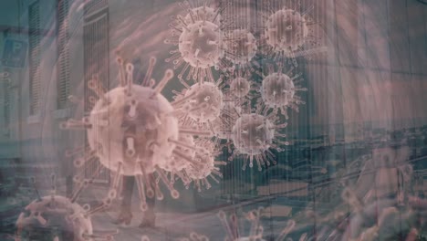 Animation-of-virus-cells-over-caucasian-businesswoman-and-cityscape