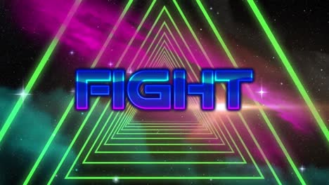Animation-of-fight-blue-text-over-tunnel-of-green-glowing-triangles