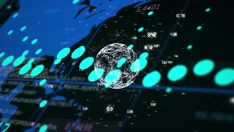 Animation-Von-Blauem-Diagramm-Und-Datenverarbeitung-über-Blauer-Weltkarte-Auf-Schwarzem-Hintergrund