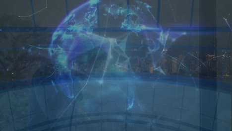Animation-Eines-Globus-Mit-Netzwerk-Von-Verbindungen-über-Einem-Bürogebäude