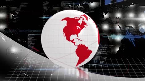 Animation-Des-Roten-Globus-Und-Der-Datenverarbeitung-über-Der-Weltkarte-Auf-Schwarzem-Hintergrund