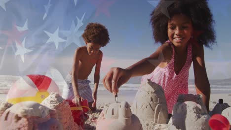 Animation-of-flag-of-usa-and-stars-over-african-american-children-playing-at-beach