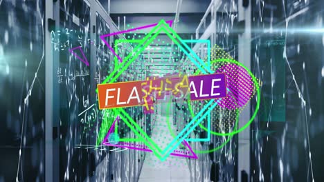 Animation-of-flash-sale-text-banner-over-abstract-neon-shapes-against-computer-server-room