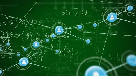 Animation-of-network-of-connections-with-icons-over-mathematical-equations-on-green-background
