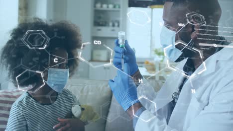 Animation-Der-Chemischen-Formel-über-Einem-Afroamerikanischen-Arzt-Und-Patienten