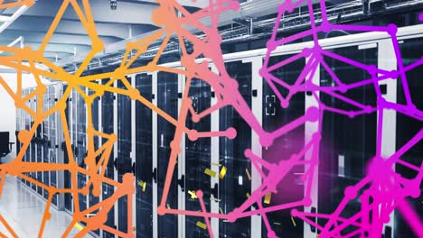 Animation-of-network-of-connections-and-golden-confetti-falling-against-computer-server-room