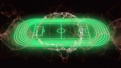 Animation-of-human-brain-and-dna-strand-spinning-over-green-neon-sports-stadium