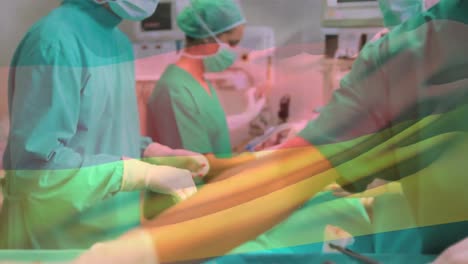 Animation-of-flag-of-germany-over-diverse-surgeons-with-face-masks