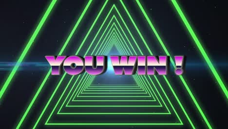 Animation-of-you-win-pink-text-over-tunnel-of-green-glowing-triangles