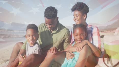Animation-of-flag-of-usa-over-african-american-family-at-beach