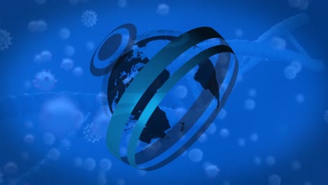 Animation-Eines-Sich-Drehenden-Globus-über-Covid-19-Zellen-Und-DNA-Struktur-Vor-Blauem-Hintergrund