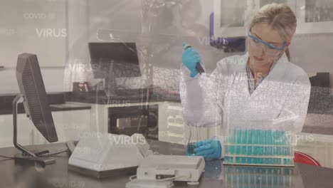 Animation-of-cross-over-caucasian-female-lab-worker-with-samples
