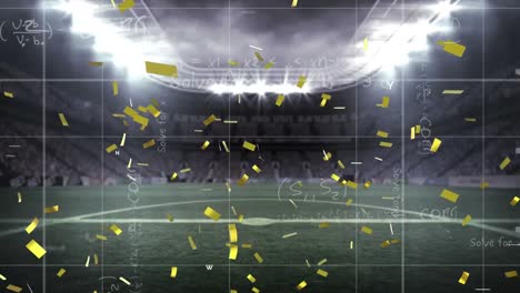 Animation-of-golden-confetti-falling-over-mathematical-equations-against-sports-stadium