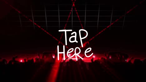 Animation-of-tap-here-over-red-disco-lights-and-dancing-people