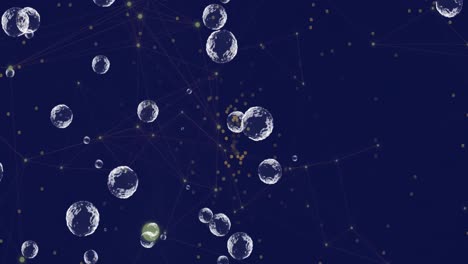 Animation-of-bubbles-floating-over-network-of-connections-against-blue-background