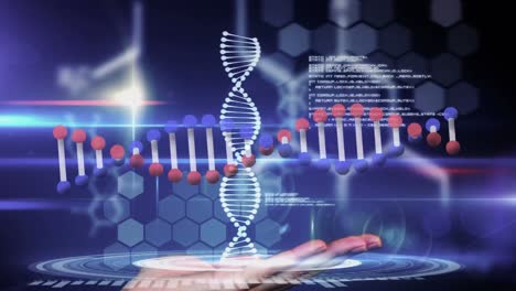 Animation-of-chemical-and-dna-structures-spinning-over-a-hand-against-light-spot-on-blue-background